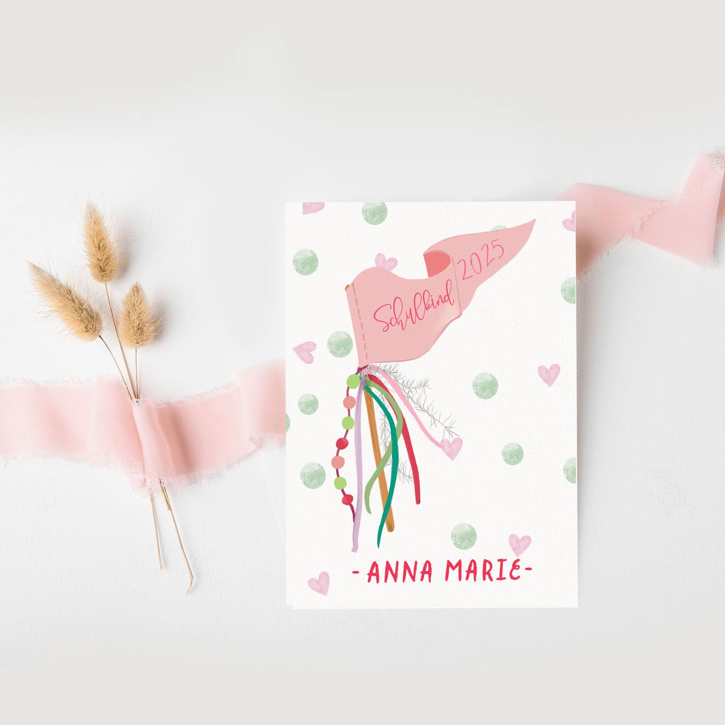 Karte zur Einschulung für Mädchen mit Name | 1. Schultag Karte mit Umschlag