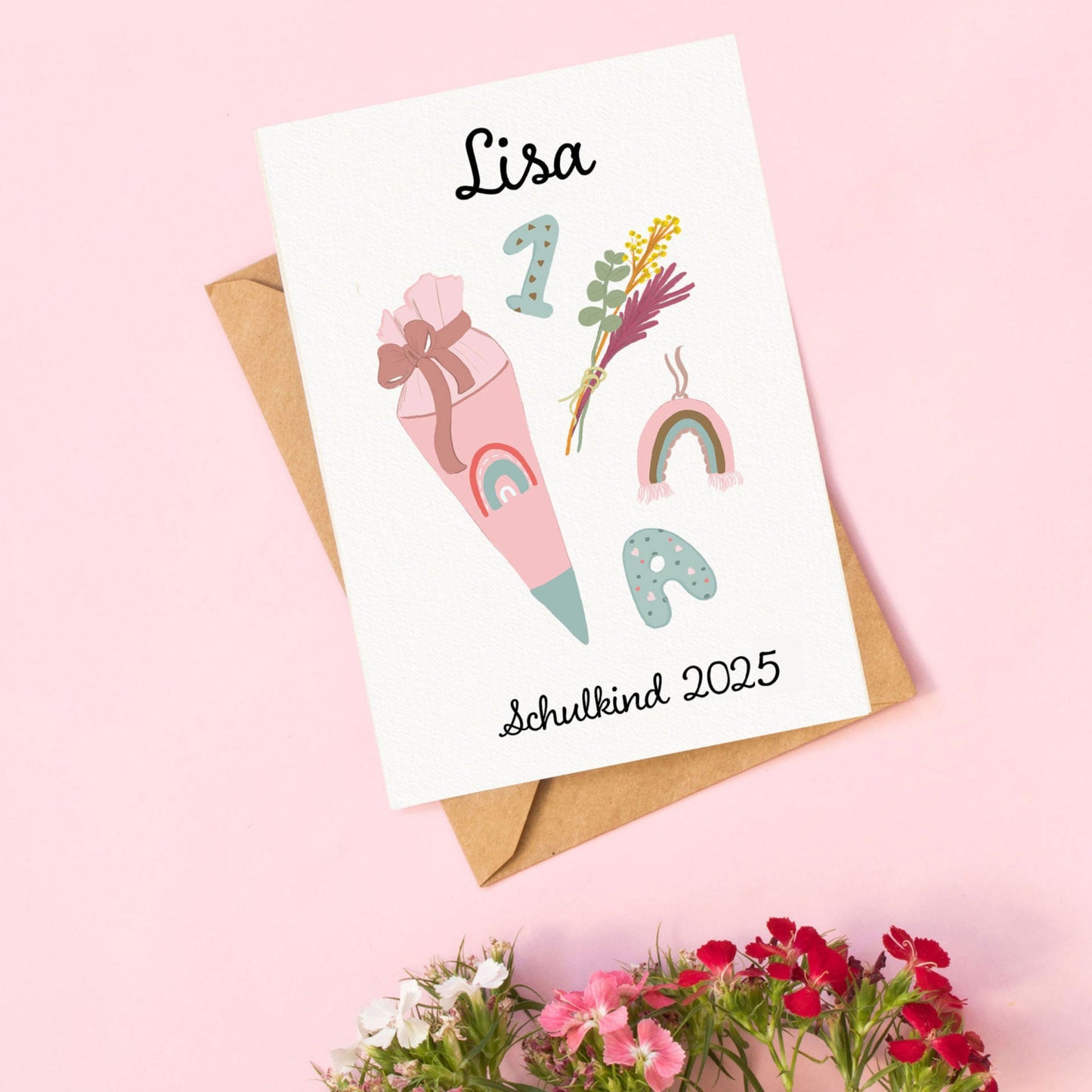 Karte zur Einschulung für Mädchen mit Name | 1. Schultag Karte mit Umschlag