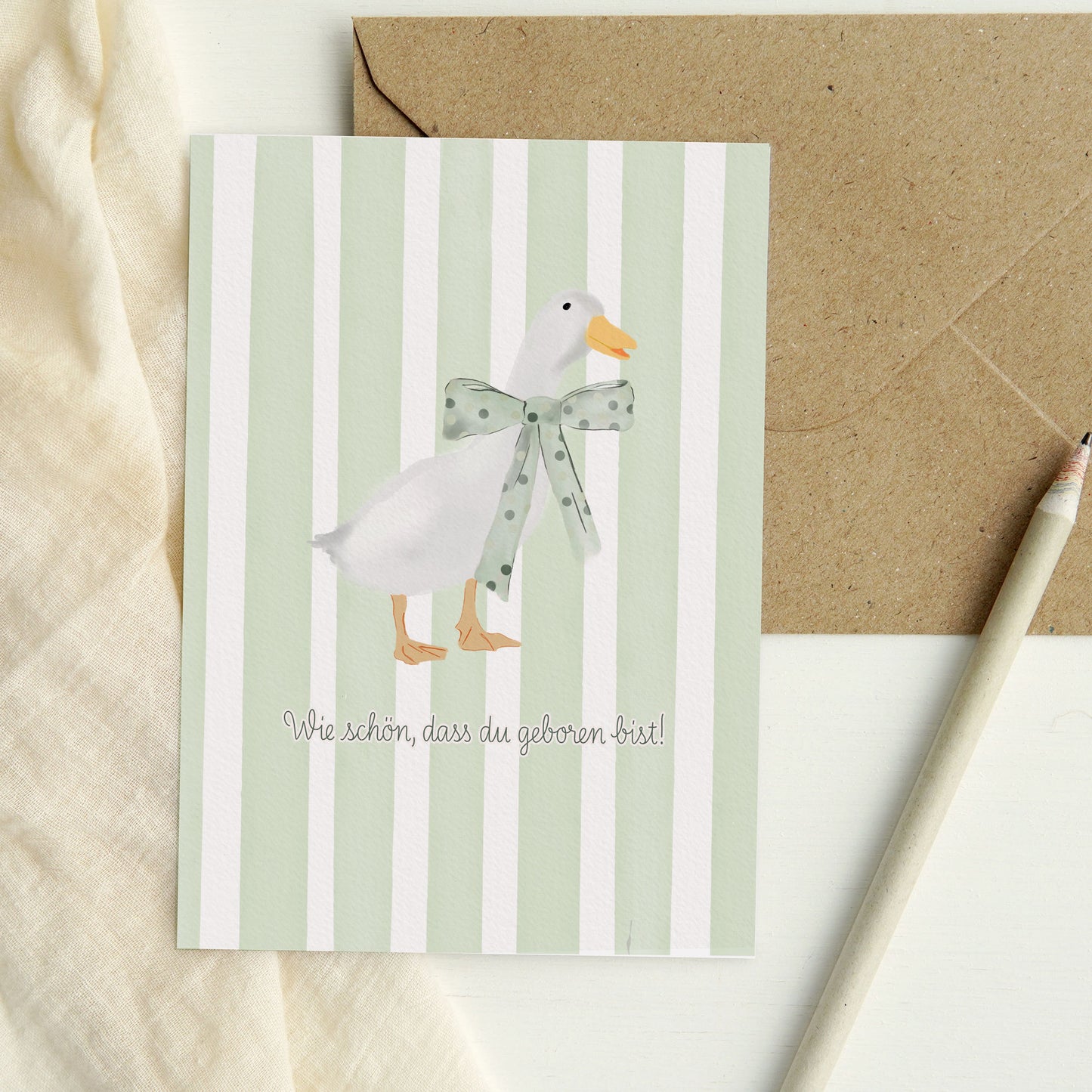 Klappkarte mit Ente & Schleife – Aquarell – „Wie schön, dass du geboren bist“ – zur Geburt & Kindergeburtstag