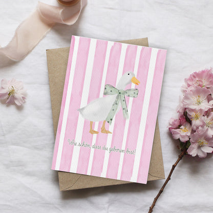 Klappkarte mit Ente & Schleife – Aquarell – „Wie schön, dass du geboren bist“ – zur Geburt & Kindergeburtstag