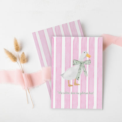Klappkarte mit Ente & Schleife – Aquarell – „Wie schön, dass du geboren bist“ – zur Geburt & Kindergeburtstag