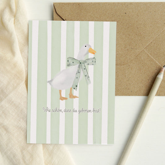 Klappkarte mit Ente & Schleife – Aquarell – „Wie schön, dass du geboren bist“ – zur Geburt & Kindergeburtstag