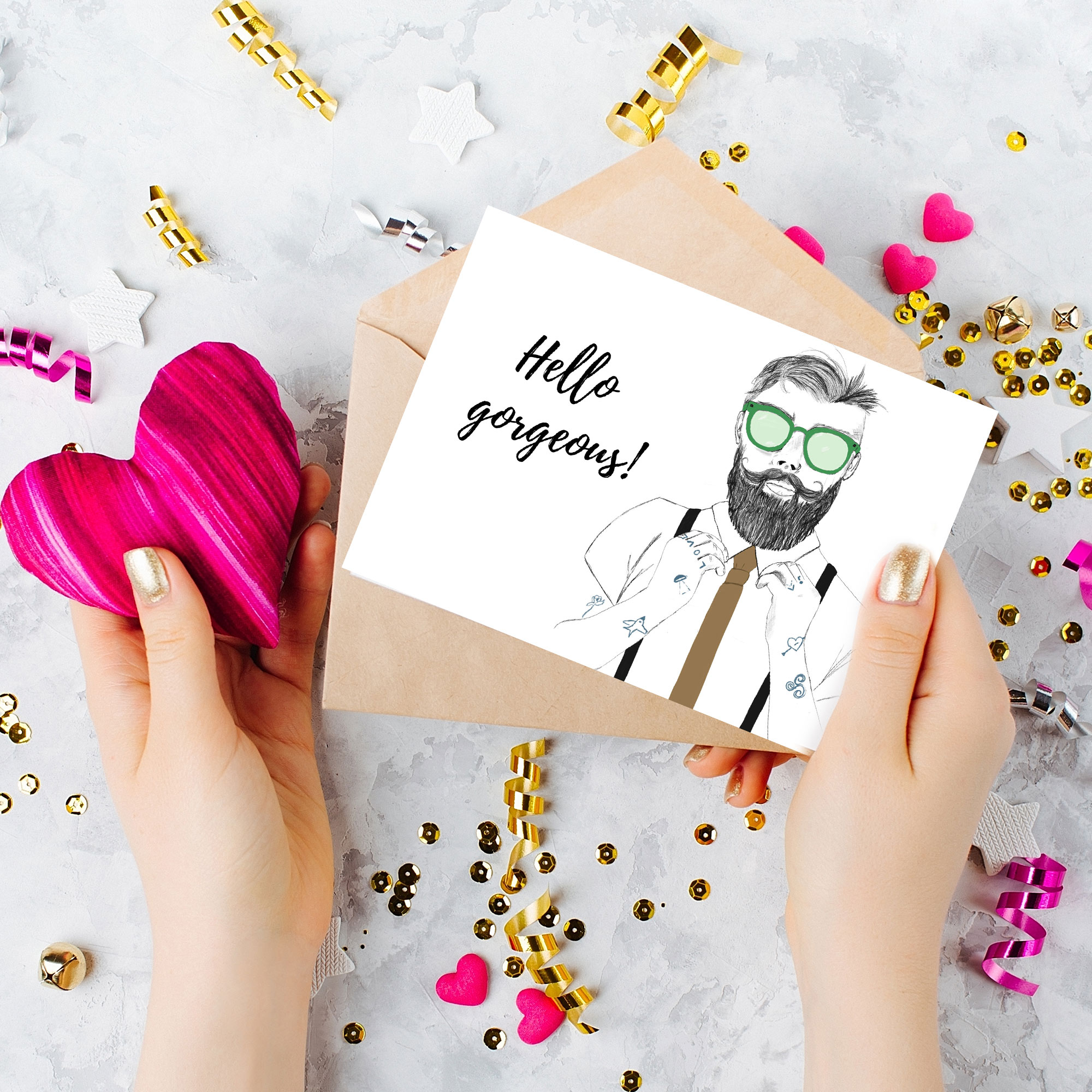 Postkarte HIPSTER mit der Aufrschrift "hello gorgeous" und einem abgebildeten Hipster mit Krawatte
