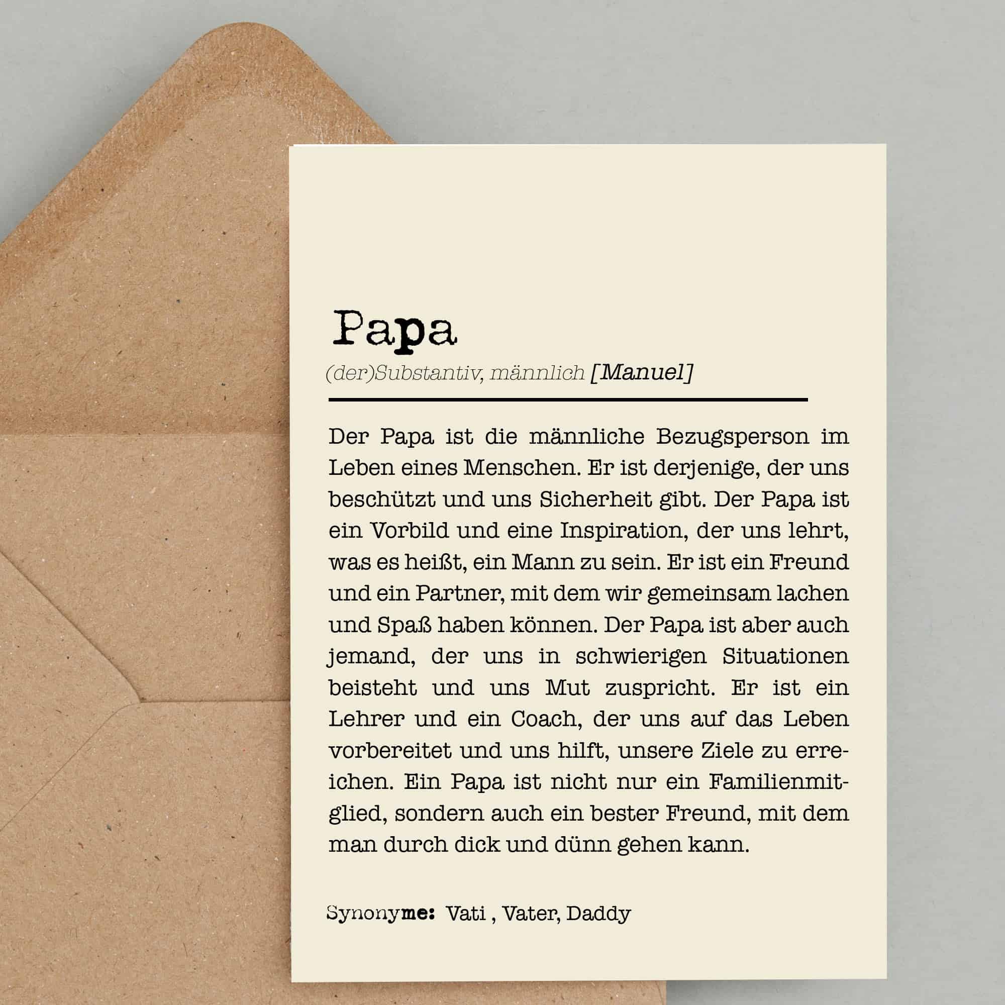 Die Karte PAPA ist eine Definitionskarte des Wortes Papa und ist gedacht als Vatertagskarte oder Geburtstagskarte für Deinen Dad